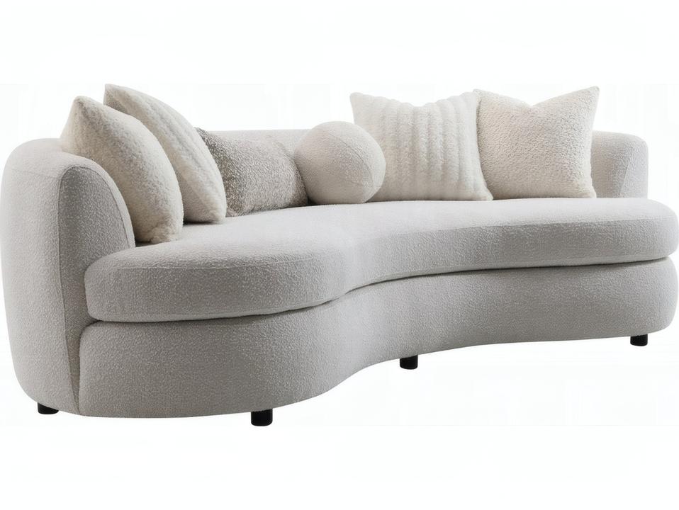 Iniko Curved Sofa with 6 Pillows in Beige Boucle Fabric