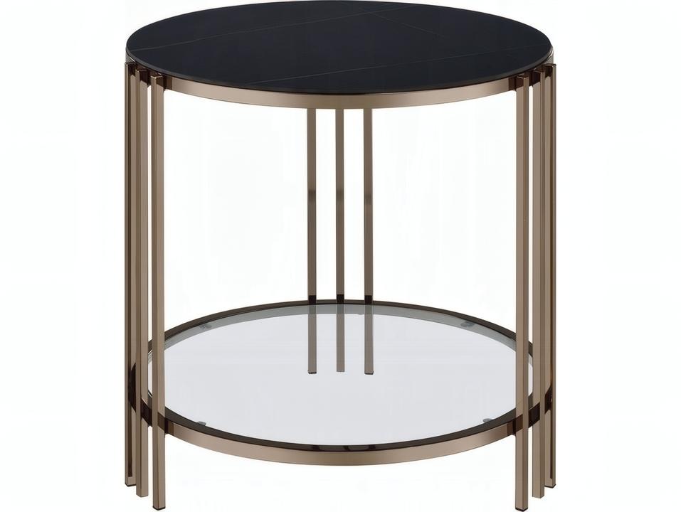 Zaidee Round End Table Sintered Stone and Champagne Finish