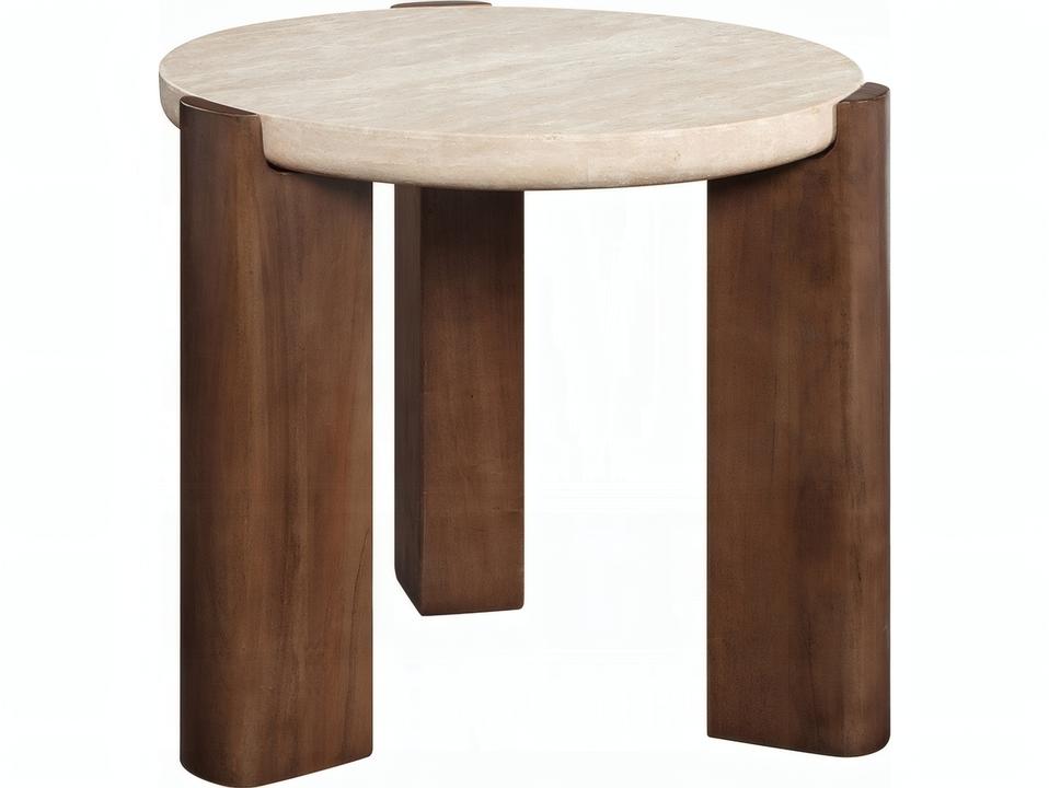 Leonardo Round End Table with Travertine Top Dark Oak Base