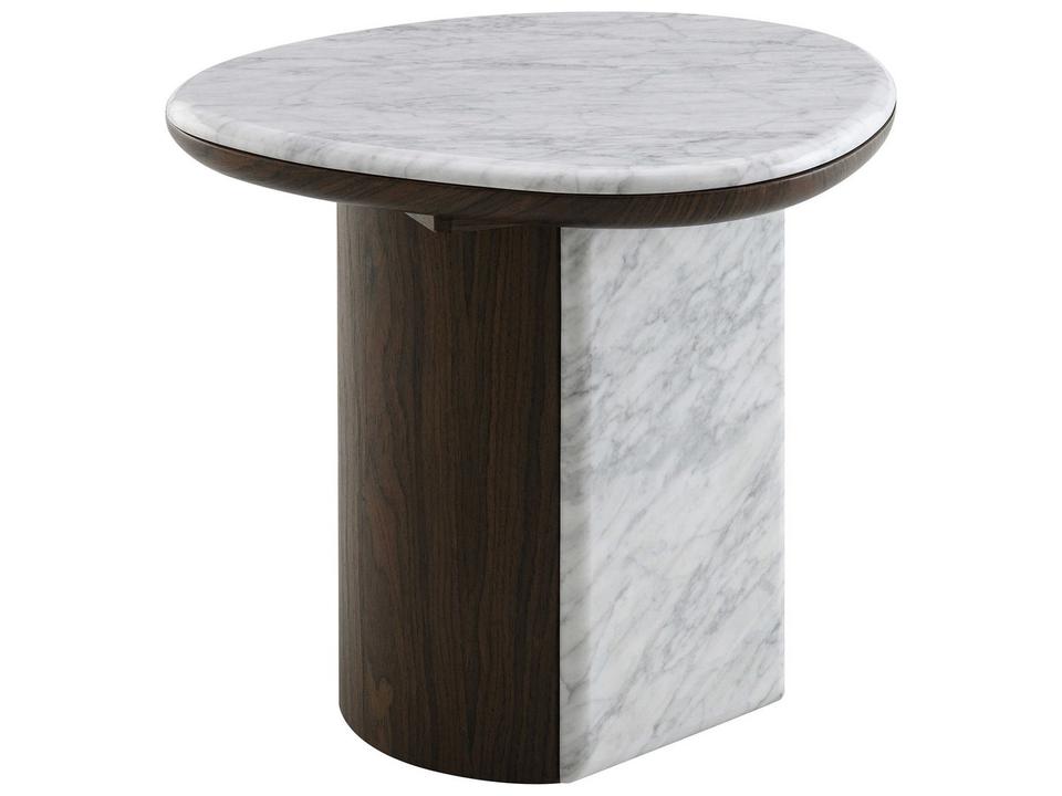 Haidar Round End Table with Natural Marble Top and Brown Base
