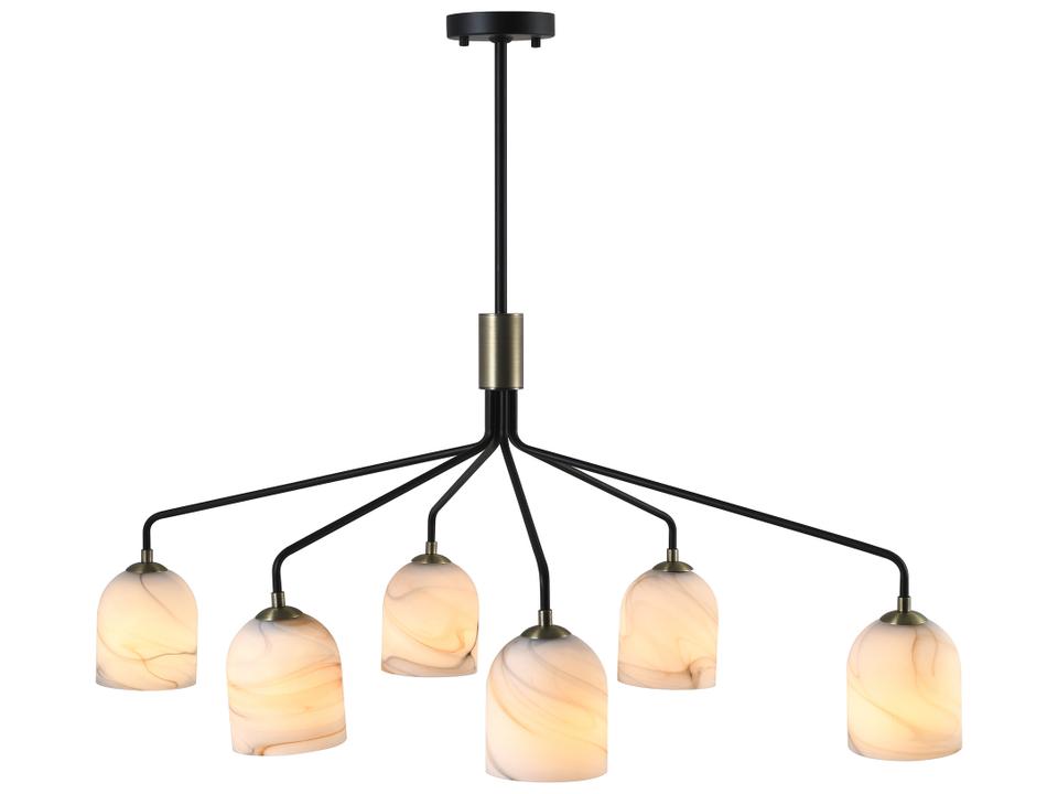 6-Light Crema Chandelier Black and Brushed Brass with Alabaster Glass
