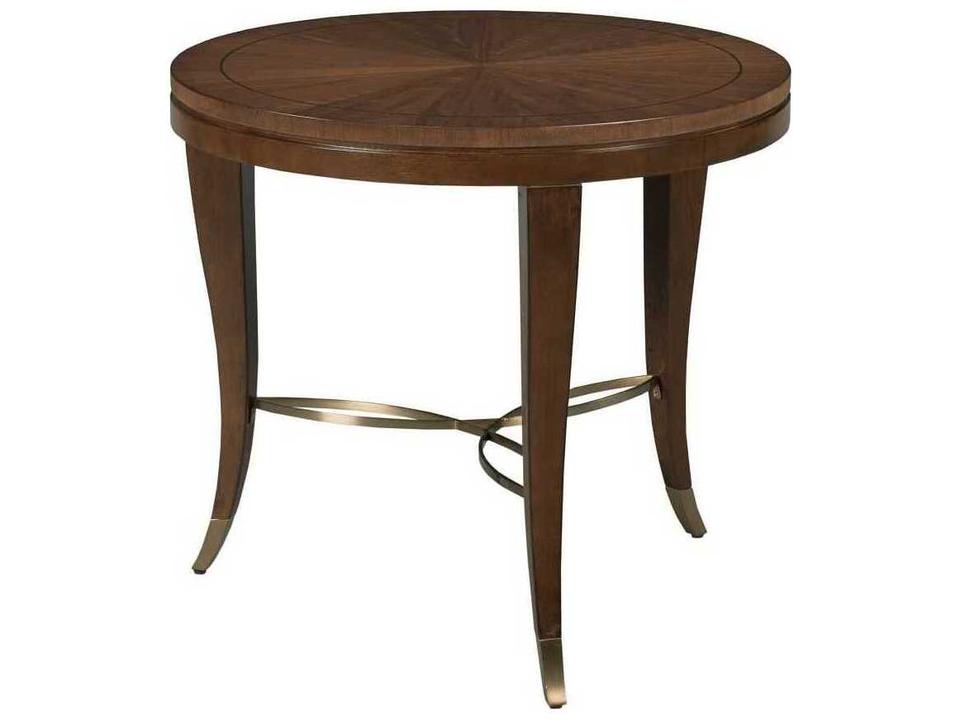Vantage Round Wood Lamp End Table in Warm Brown with Gold Accents