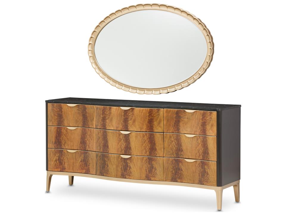 Malibu Crest 9-Drawer Dresser with Wall Mirror Set in Crotch Mahogany