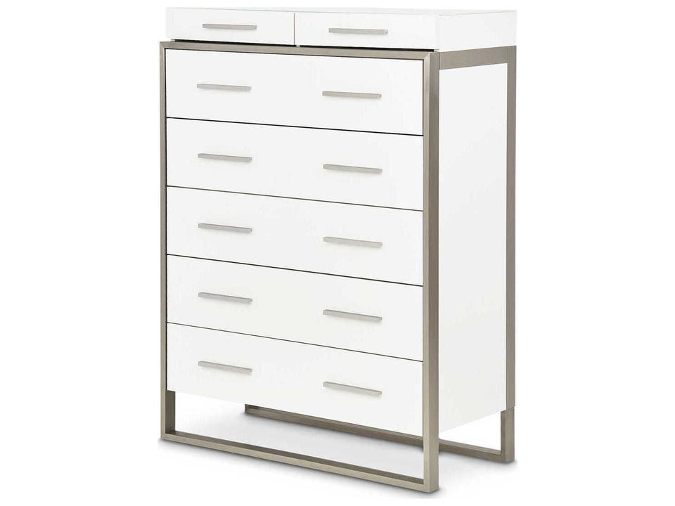 Marquee 6-Drawer Vertical Chest in Cloud White with Glass Top