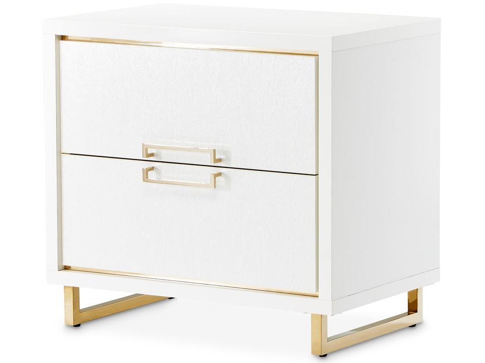 Palm Gate 2-Drawer Nightstand in Cloud White with Gold Accents