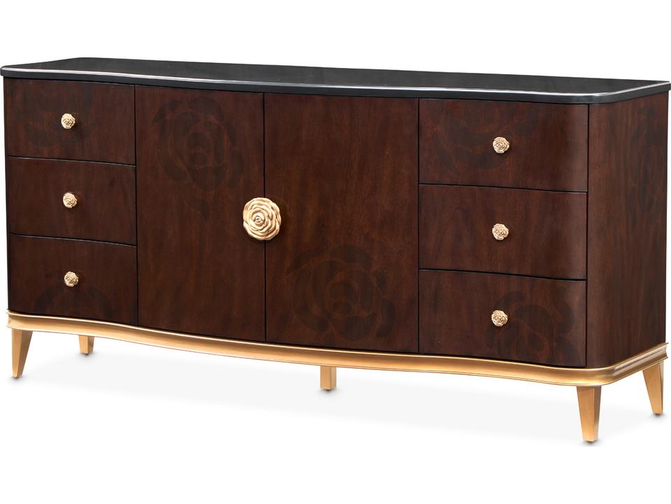 Camellia Field 72-Inch Warm Pecan 6-Drawer Dresser with Marble Top