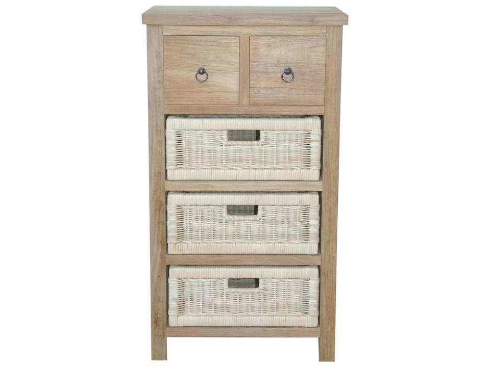 Safari Teak Occasional Table with 2 Drawers and Rattan Baskets