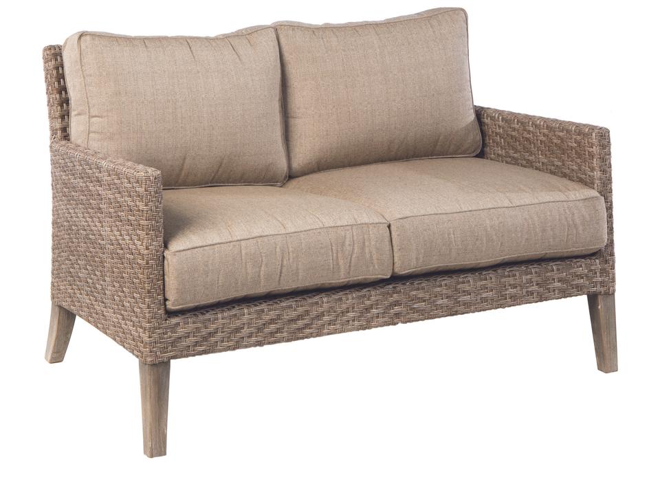 Cornwall Outdoor Deep Seating Loveseat in Vintage Patina Wicker and Eucalyptus