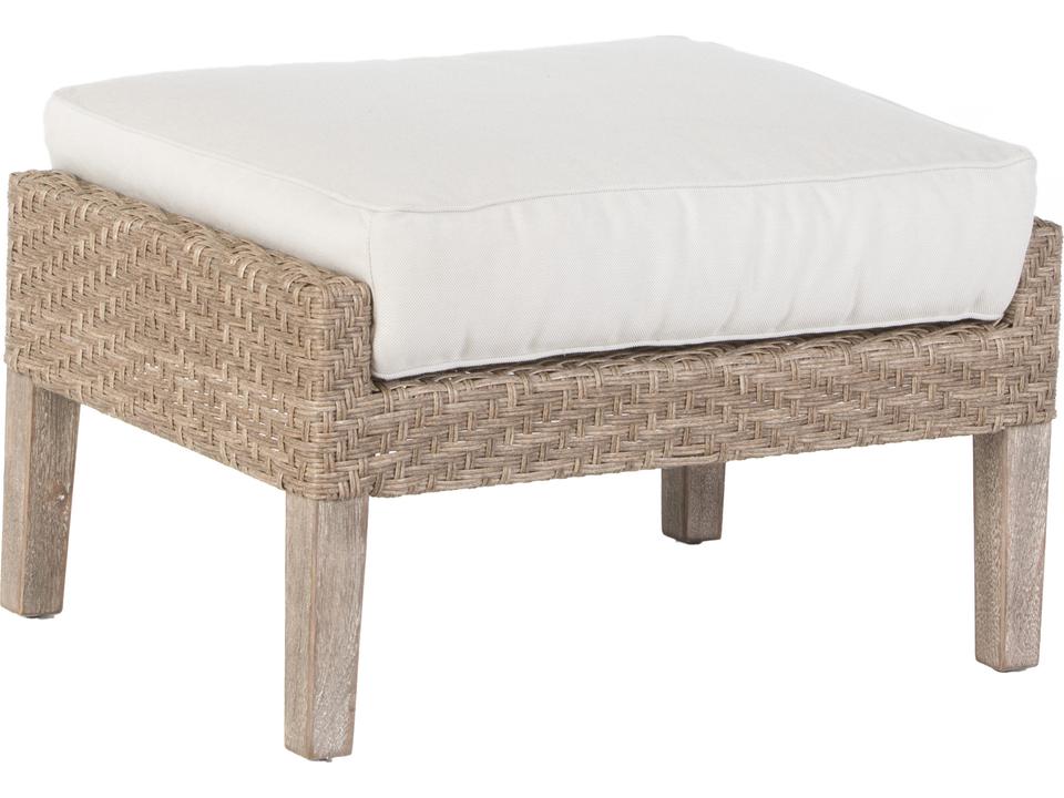 Cornwall Vintage Outdoor Wicker Ottoman with Eucalyptus Wood Frame