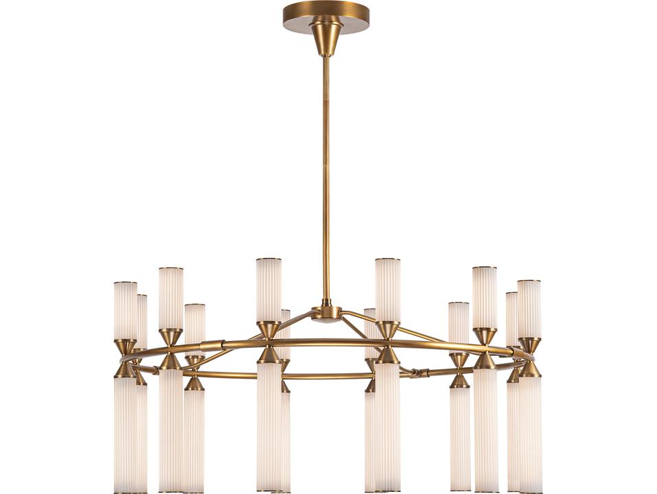 Edwin 38-Inch Integrated LED Chandelier in Vintage Brass with Frosted Ribbed Glass