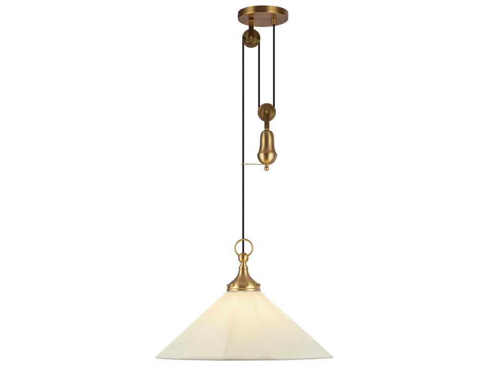 Ellen 1-Light Pulley Pendant Light in Brushed Gold and White Linen Shade