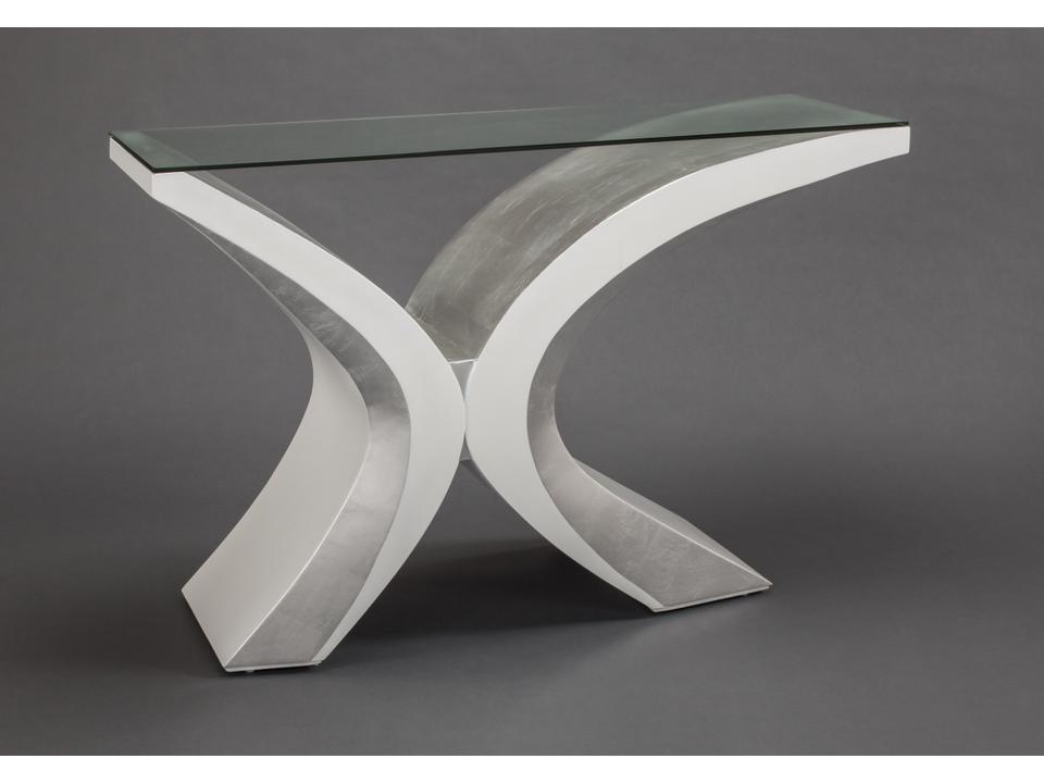 Rectangular Console Table with Glass Top in Silver Leaf White Finish