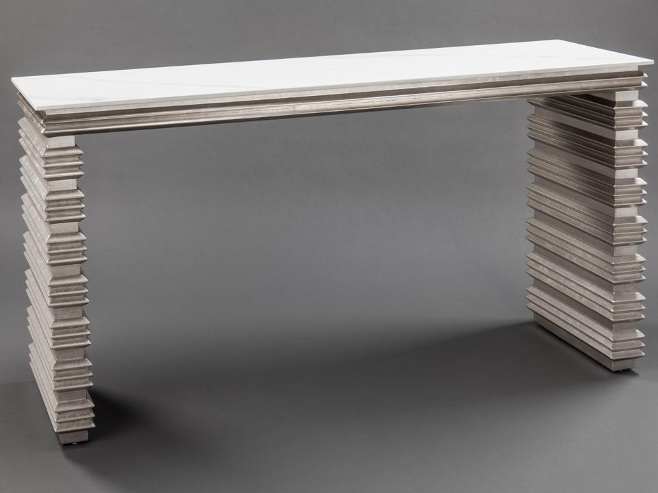 Warm Silverleaf Rectangular Console Table with White Stone Top
