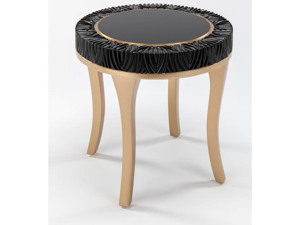 Black and Gold Round End Table with Carved Pattern