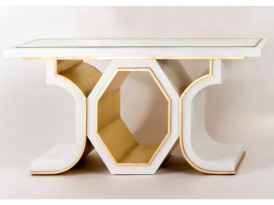 62-Inch Rectangular Glass Console Table in White and Gold Leaf