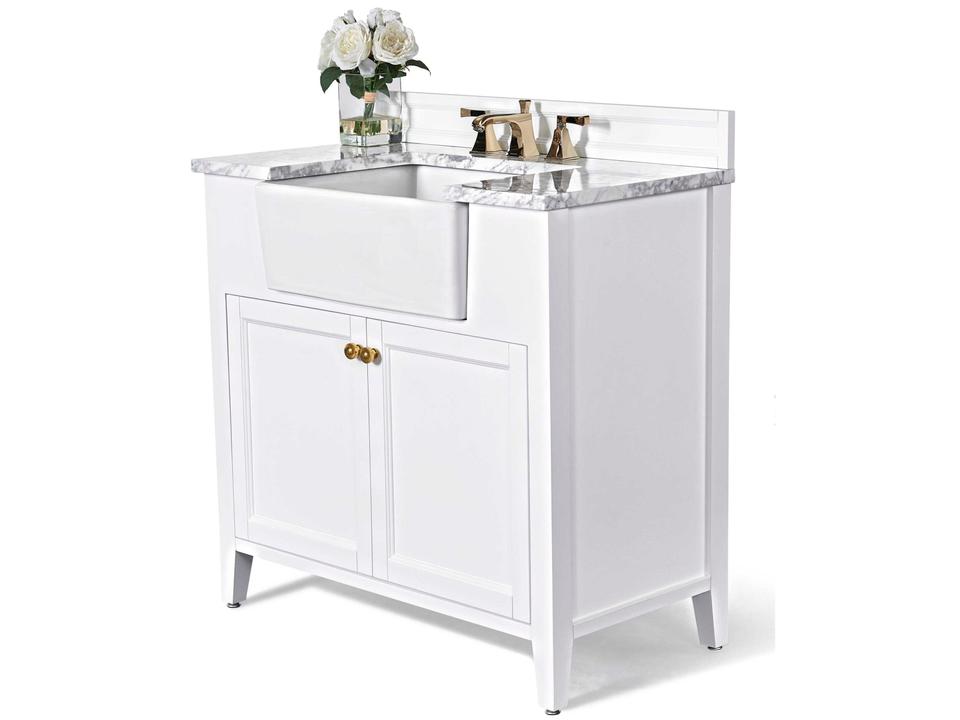 Adeline 36-Inch Single Farmhouse Bathroom Vanity in White with Carrara Marble Top and Gold Hardware