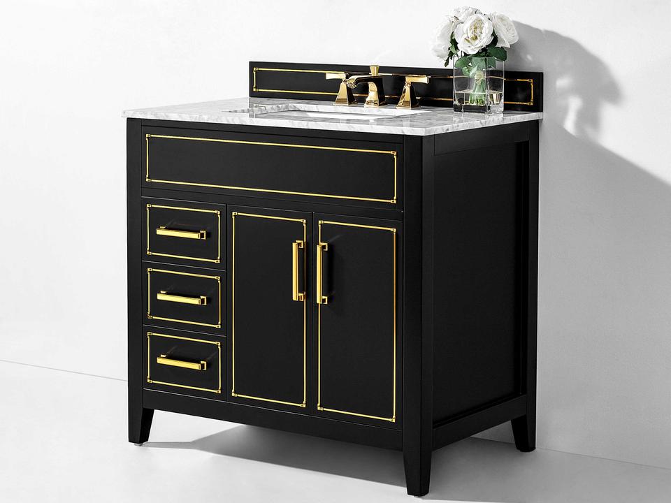Aspen 36-Inch Freestanding Single Sink Bathroom Vanity in Black Onyx with Carrara Marble Top