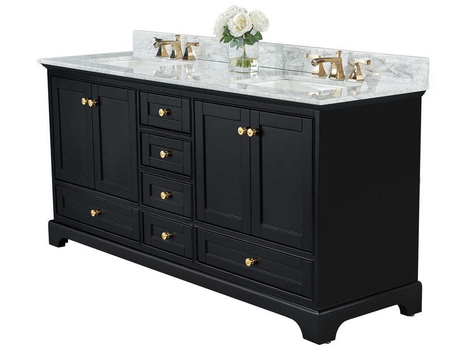 Audrey 66-Inch Double Sink Bathroom Vanity in Black Onyx with Carrara Marble Top and Gold Hardware