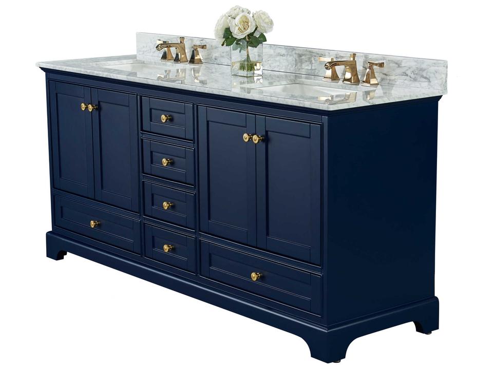 Audrey 66-Inch Double Sink Bathroom Vanity in Heritage Blue with Gold Hardware