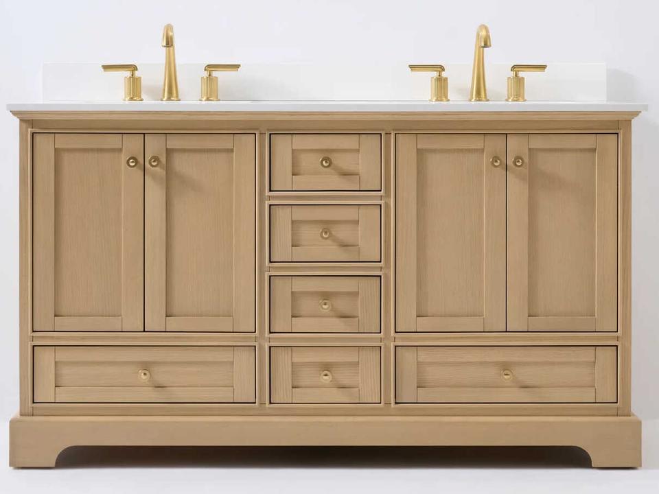 Audrey 66-Inch Double Bathroom Vanity with Carrara Marble Top in Oak
