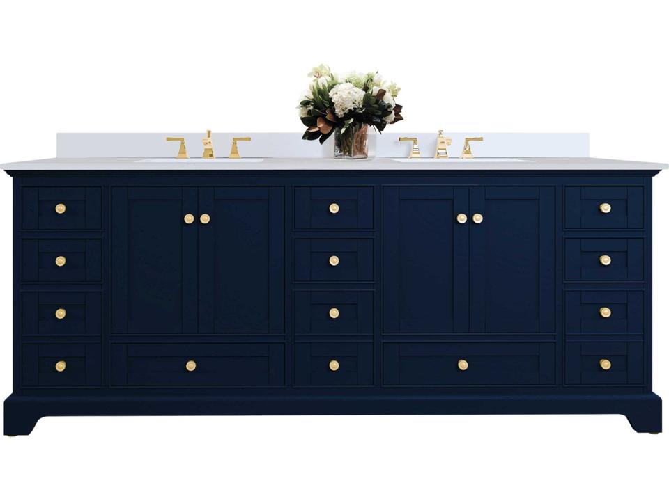 Audrey 84-Inch Double Sink Bathroom Vanity with Heritage Blue Cabinet Calacatta Laza Quartz Top