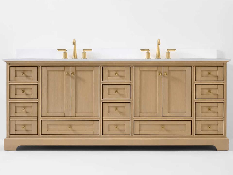 Audrey 84-Inch Double Sink Bathroom Vanity in Oak with White Quartz Top and Rose Gold Hardware