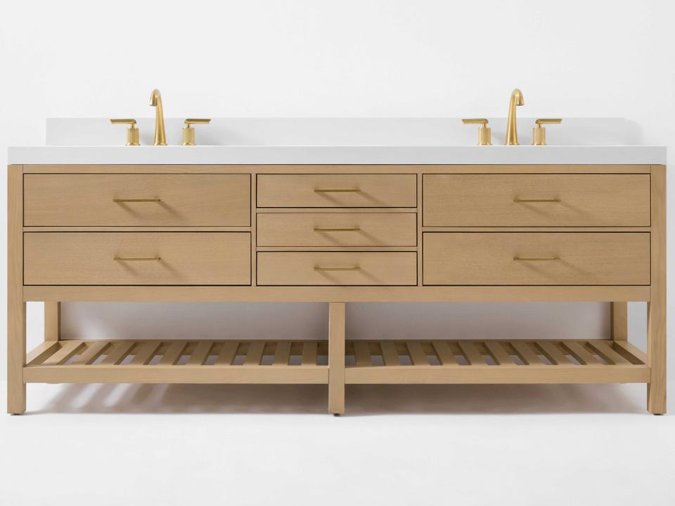 Elizabeth 84-Inch Double Sink Bathroom Vanity in Oak with White Quartz Top