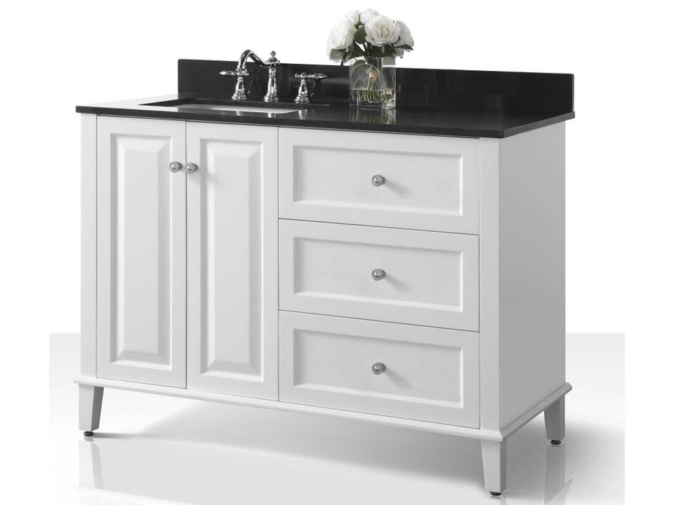 Hannah 48-Inch White Bathroom Vanity with Black Quartz Top Left Sink