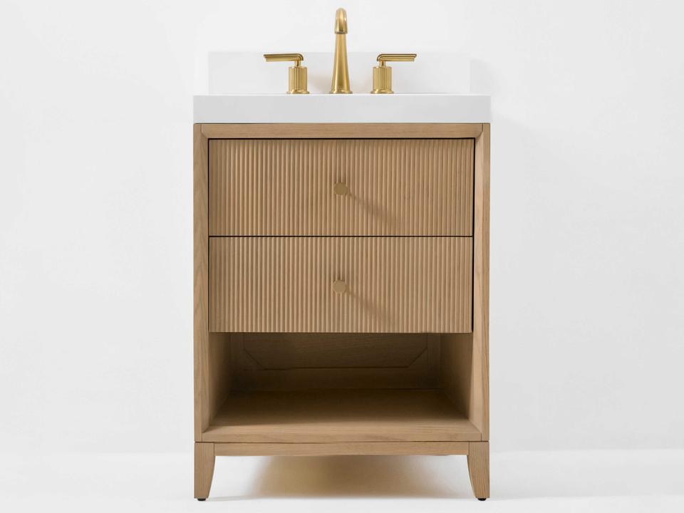 Momo 24-Inch Freestanding Bathroom Vanity in Oak with White Quartz Top