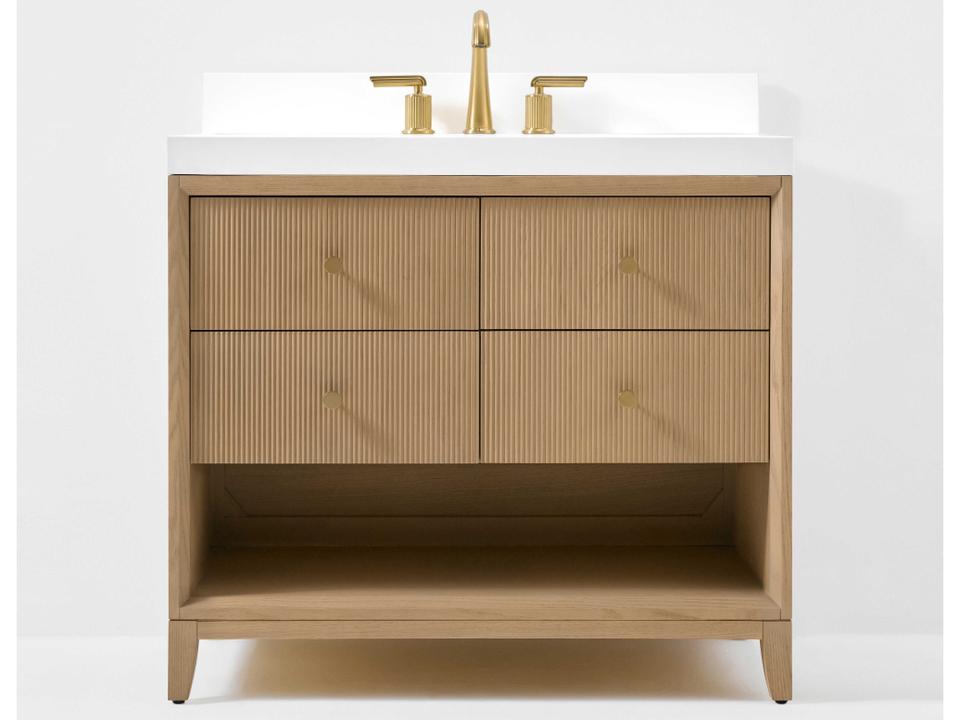 Momo 36-Inch Single Bathroom Vanity in Oak with White Quartz Top