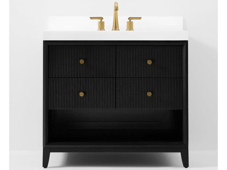 Momo 36 Inch Single Sink Freestanding Bathroom Vanity Black Oak with White Quartz Top