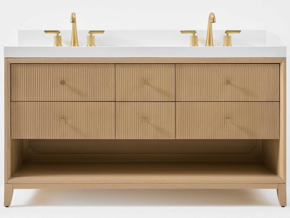 Momo 60-Inch Double Sink Bathroom Vanity in Oak with White Quartz Top
