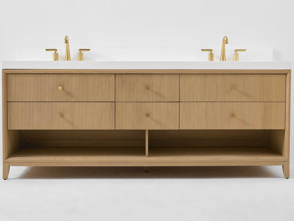 Momo 84-Inch Double Sink Bathroom Vanity in Oak with White Quartz Top