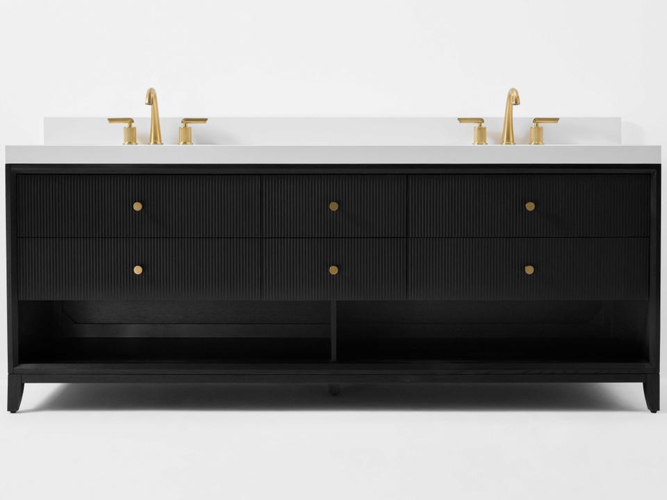 84-Inch Momo Double Sink Bathroom Vanity Black Oak with White Quartz Top
