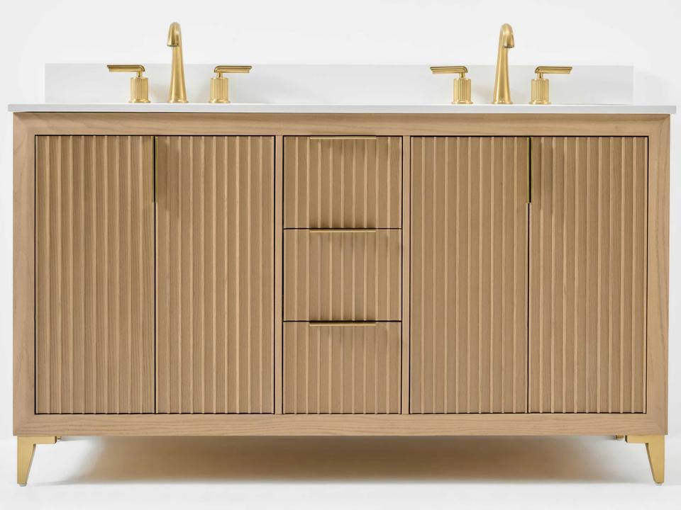 Turlington 60-Inch Double Sink Bathroom Vanity in Oak with White Quartz Top
