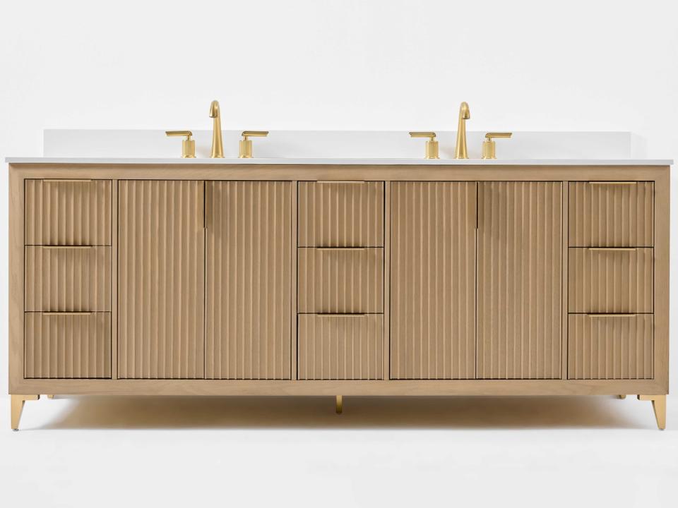 Turlington 84-Inch Double Bathroom Vanity in Oak with White Quartz Top