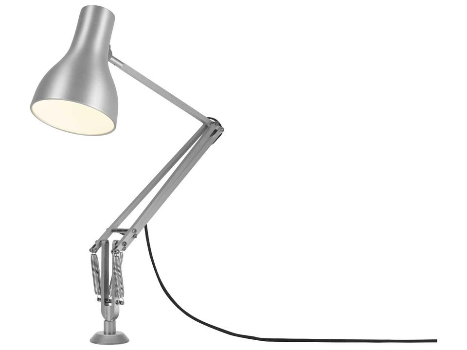 Type 75 Desk Lamp Adjustable LED Task Light in Silver Luster with Desk Insert by Sir Kenneth Grange