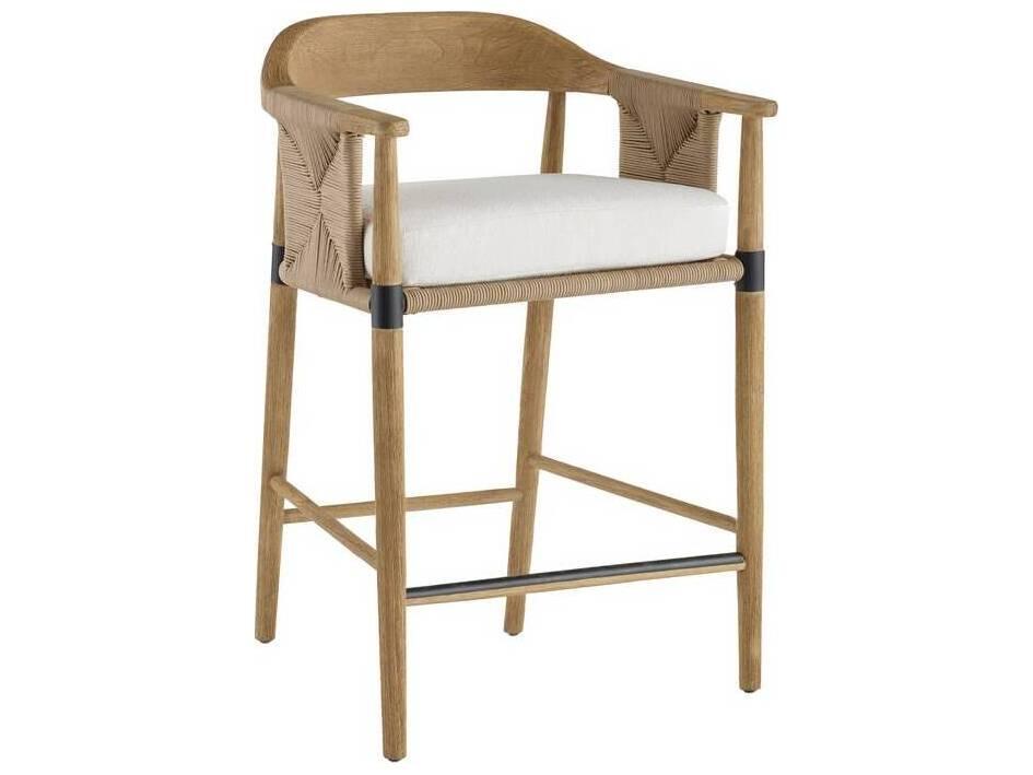Arteriors Estes Outdoor Counter Stool with Pearl Boucle Upholstery and Teak