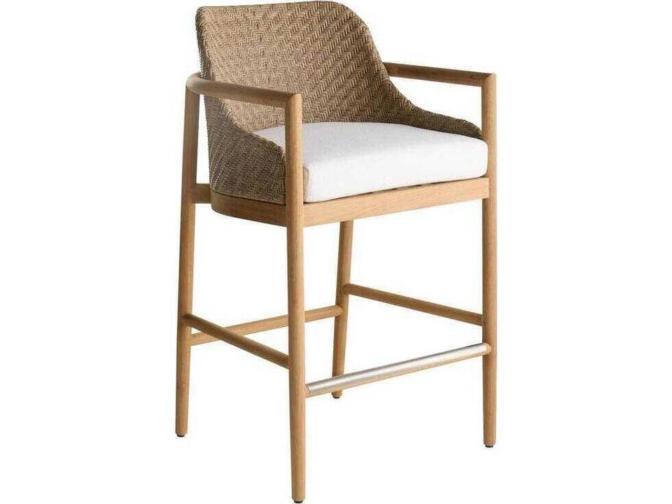 Arteriors Chilton Outdoor Bar Stool in Natural Teak Pearl Boucle and Rattan