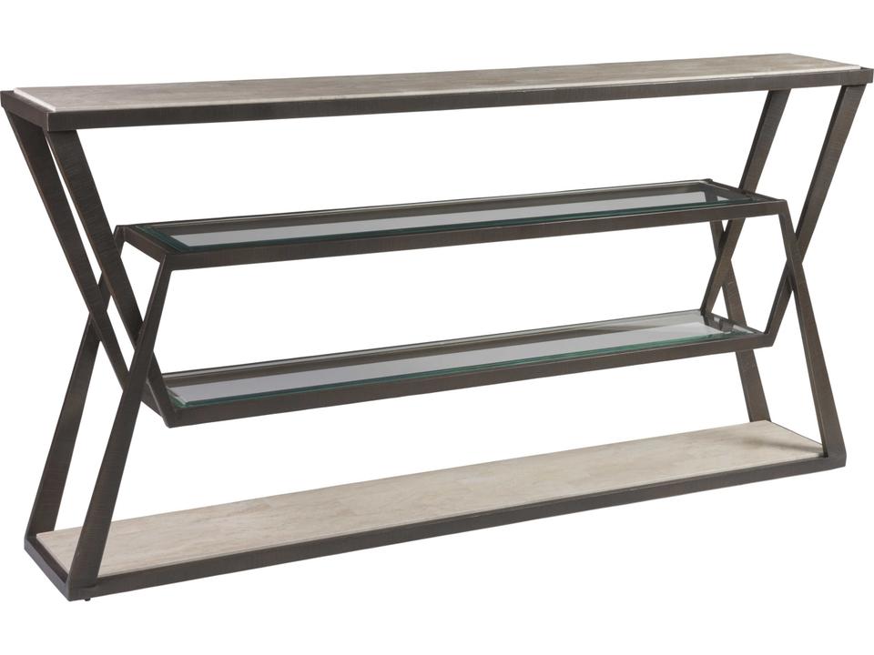 Adamo Rectangular Console Table with Desert Travertine Top and Ribbed Brown Steel Base