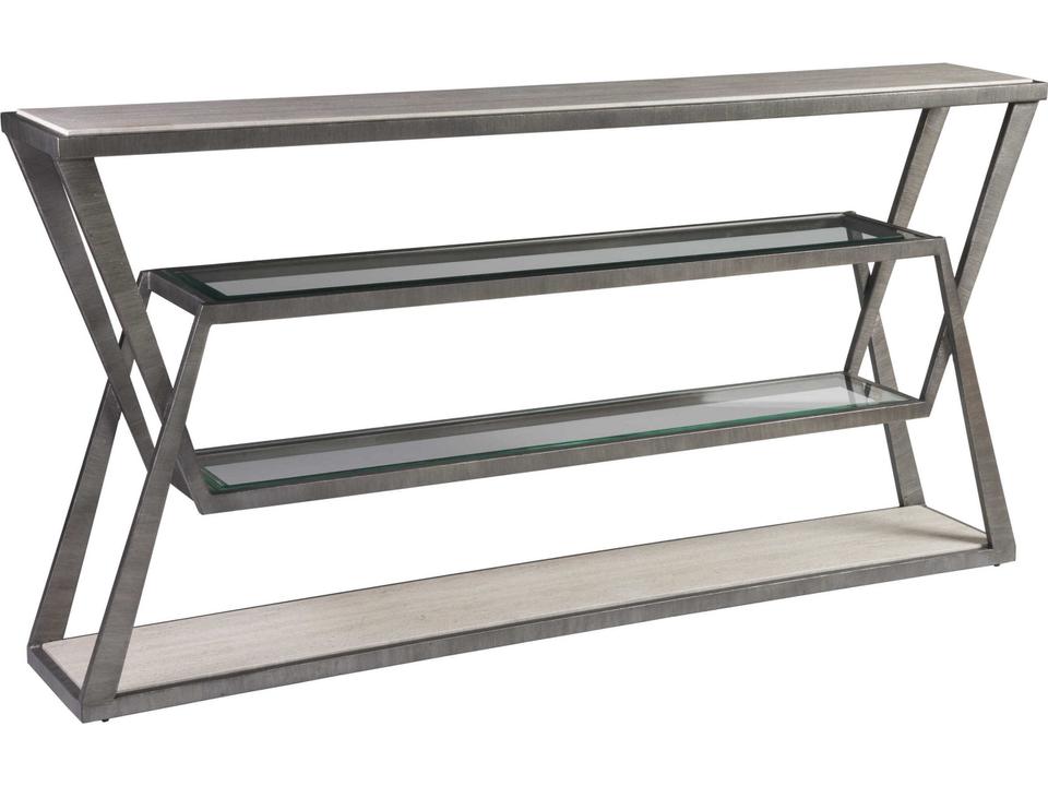 Adamo Silver Gray Console Table with Travertine Top and Glass Shelves