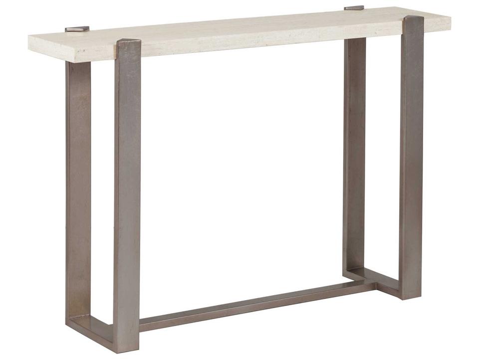 Denizen Rectangular Console Table with White Travertine Top and Champagne Silver Leaf Base