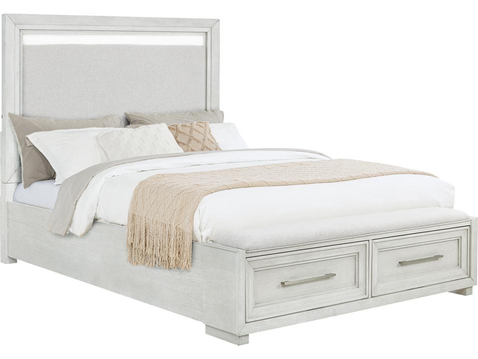 Brushed White Oak Wood Upholstered Queen Panel Bed