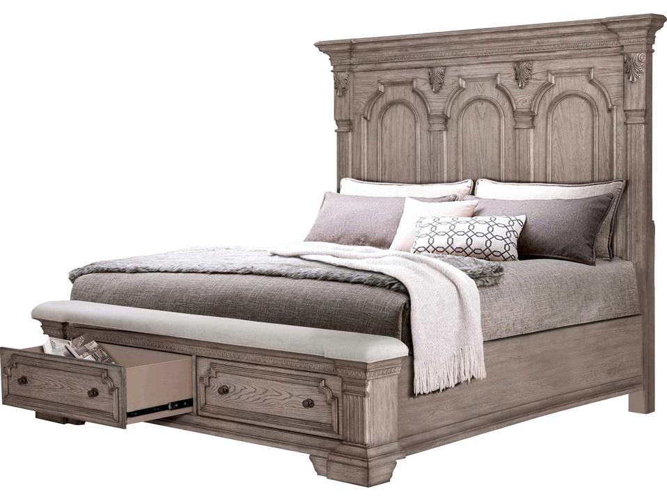 B01218 King Storage Panel Bed in Light Taupe with Oak Veneers