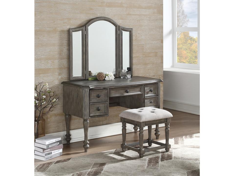 Grey Poplar Wood Vanity Table with Mirror and Stool