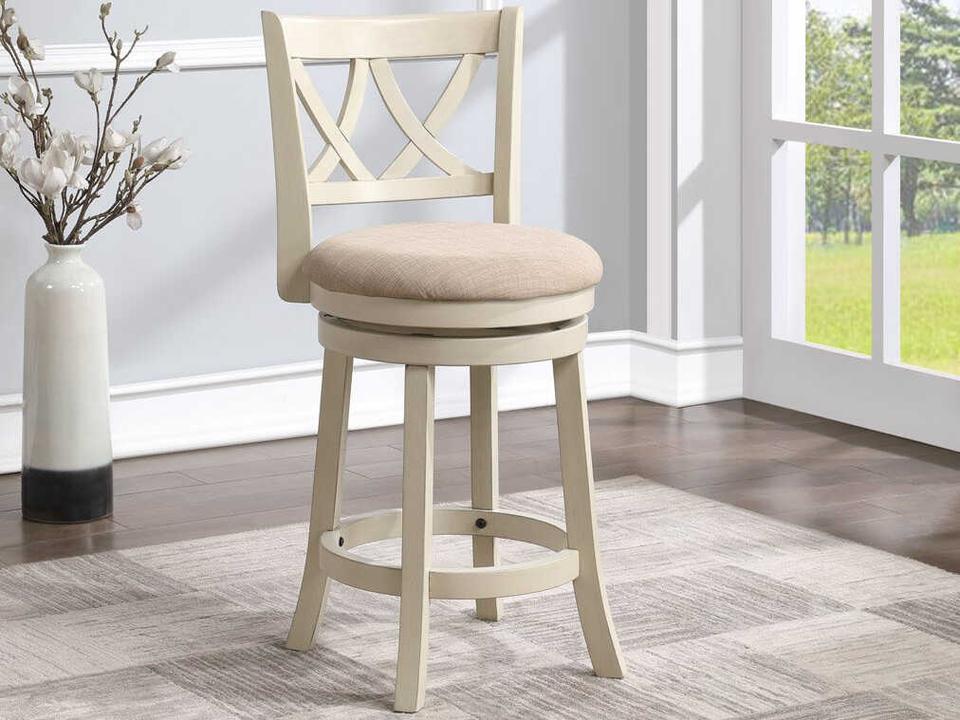 White Upholstered Swivel Counter Stool with Lattice Back in Antique White