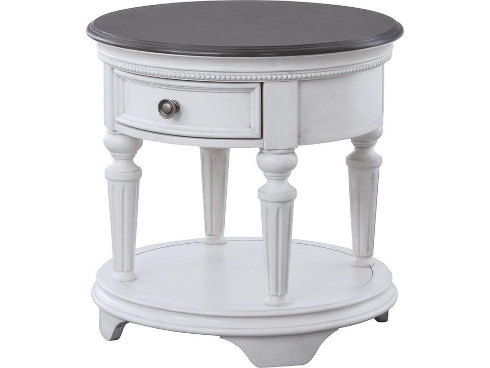 O162 Round End Table in Light Gray Oak and Distressed White