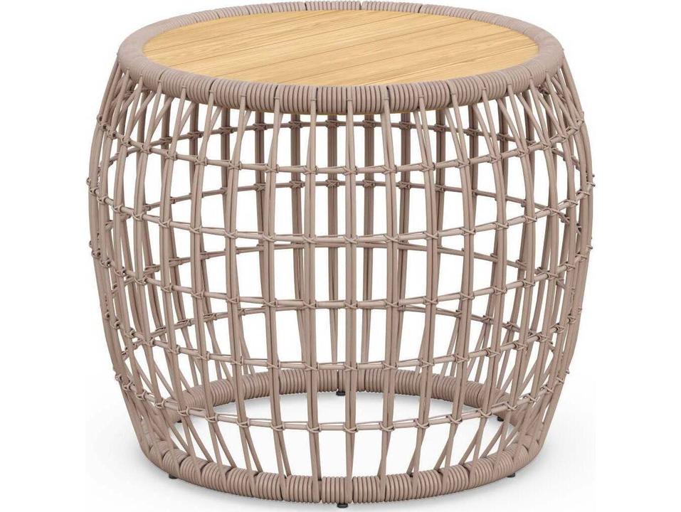 Barcelona Round Outdoor End Table with Teak Top and All-Weather Wicker Accents