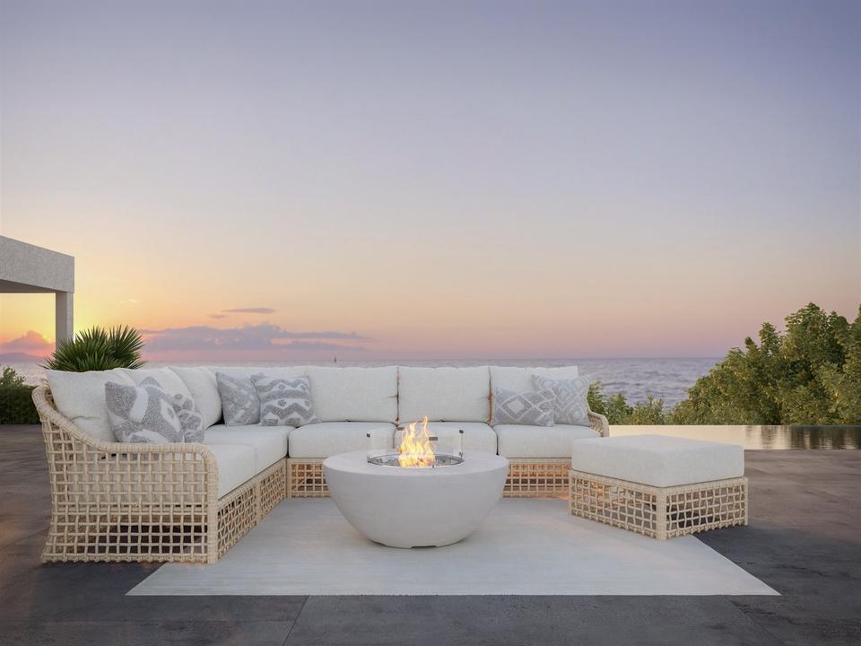 Kiawah Almond All-Weather Wicker Sectional Firepit Outdoor Lounge Set