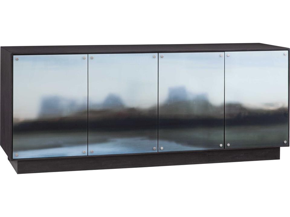 Perspective Brown Oak Sideboard with Blue Abstract Glass Doors